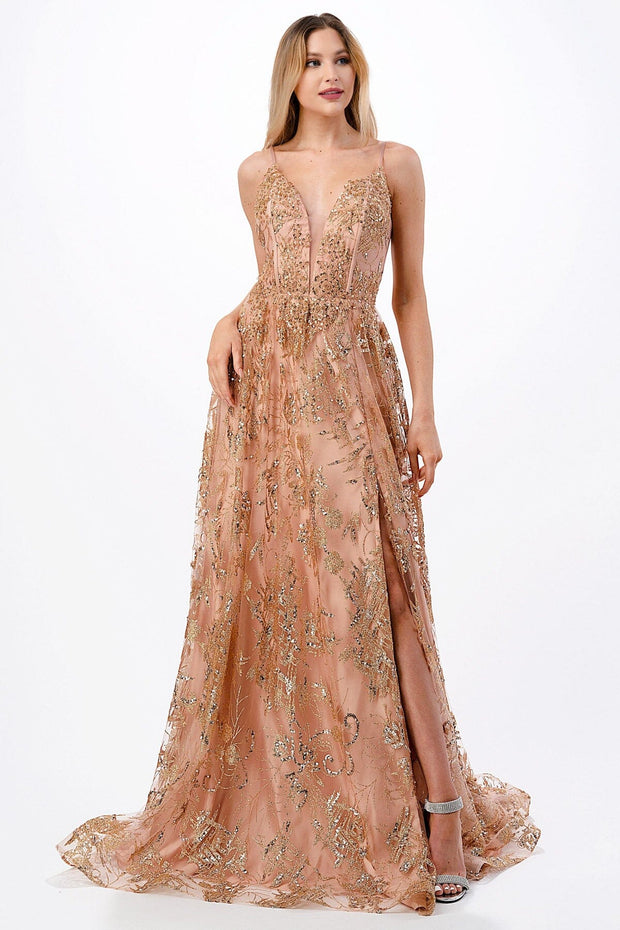 Embellished Sleeveless Deep V-Neck Gown by Coya L2664