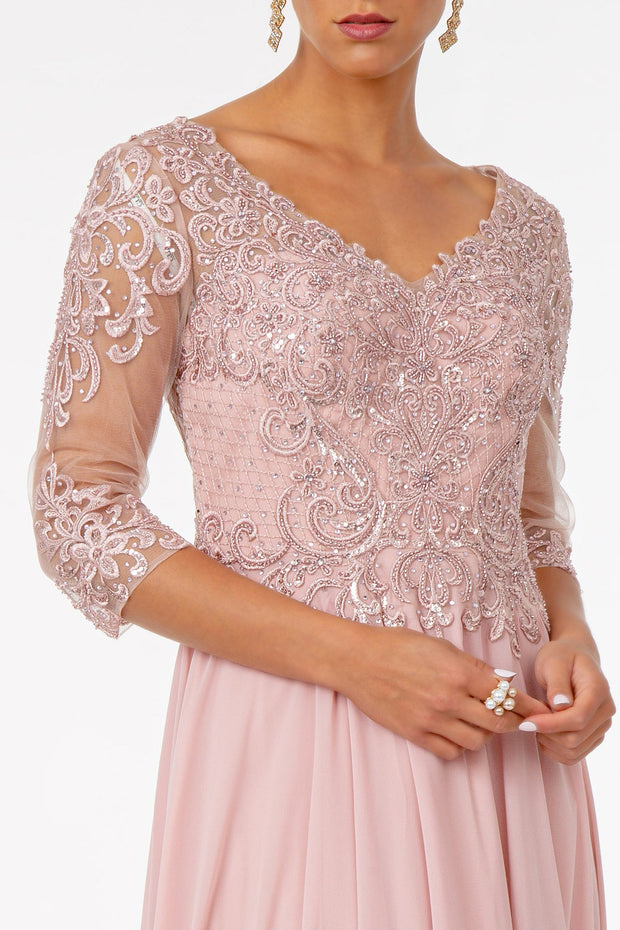 Embroidered 3/4 Sleeve Chiffon Gown by Elizabeth K GL2925