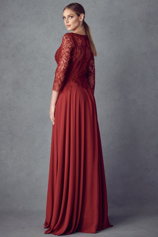 Embroidered 3/4 Sleeve Chiffon Gown by Juliet M11