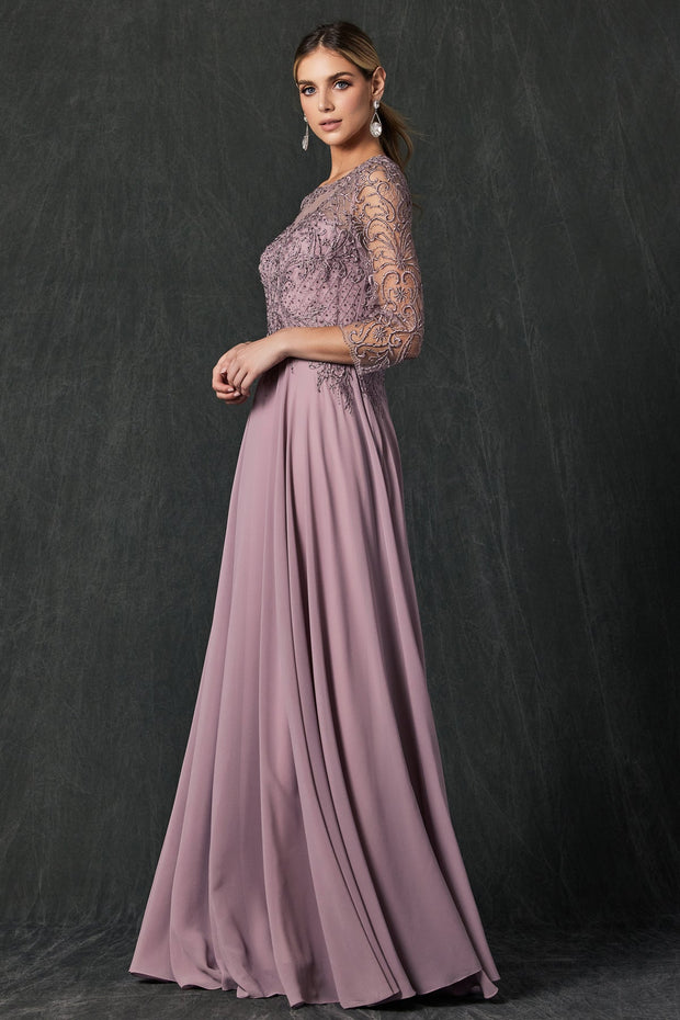 Embroidered 3/4 Sleeve Chiffon Gown by Juliet M11