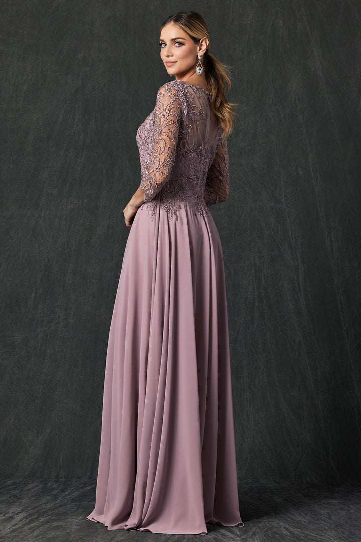 Embroidered 3/4 Sleeve Chiffon Gown by Juliet M11