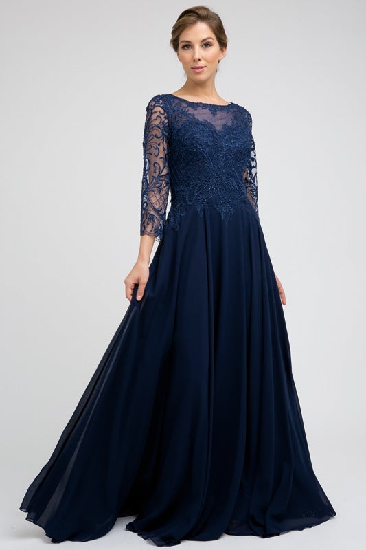 Embroidered 3/4 Sleeve Chiffon Gown by Juliet M11