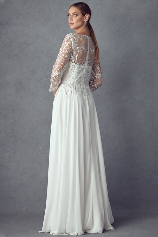 Embroidered 3/4 Sleeve Chiffon Gown by Juliet M11