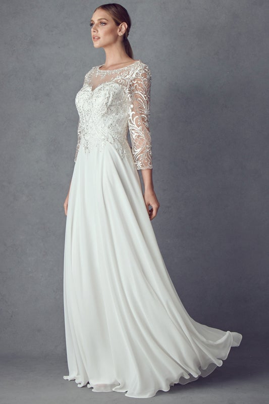 Embroidered 3/4 Sleeve Chiffon Gown by Juliet M11