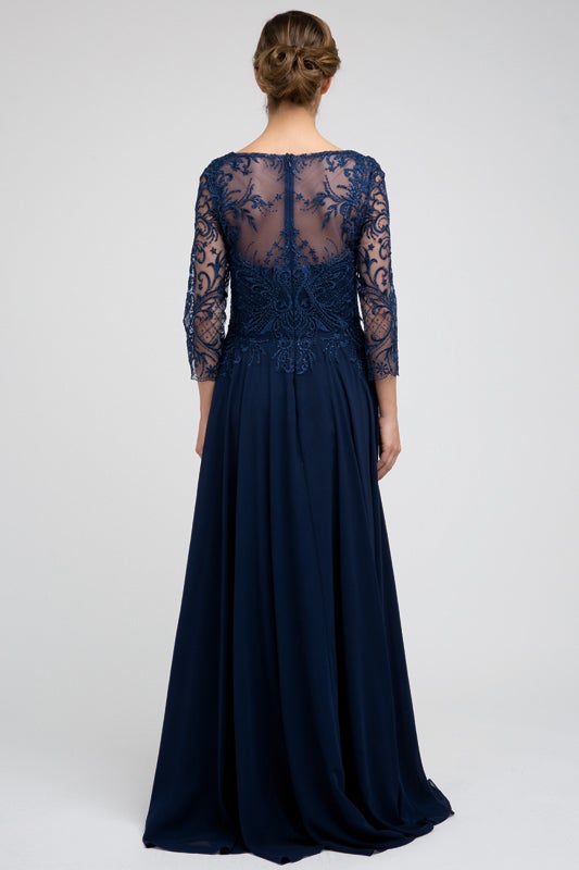 Embroidered 3/4 Sleeve Chiffon Gown by Juliet M11