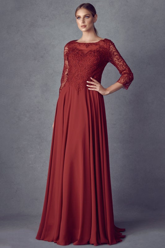 Embroidered 3/4 Sleeve Chiffon Gown by Juliet M11