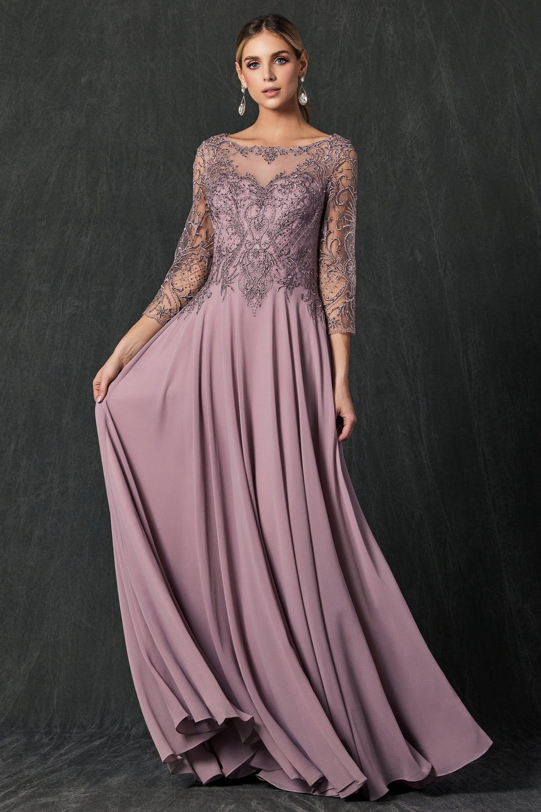 Embroidered 3/4 Sleeve Chiffon Gown by Juliet M11