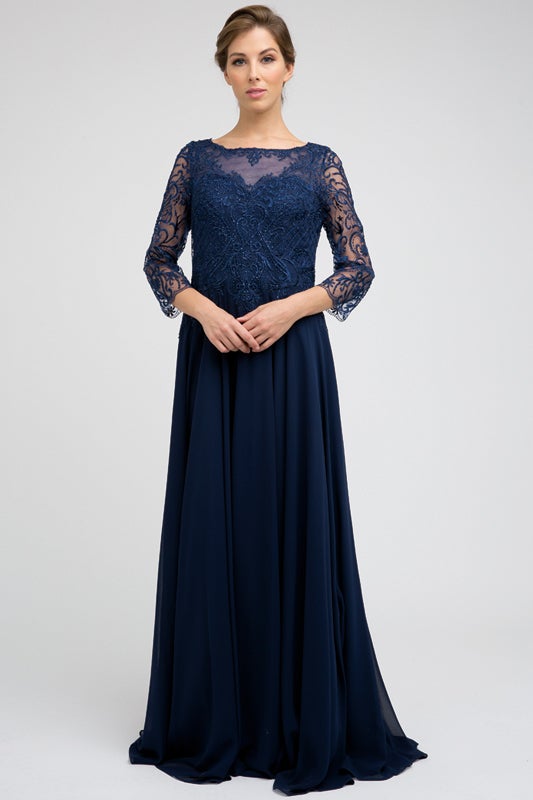 Embroidered 3/4 Sleeve Chiffon Gown by Juliet M11