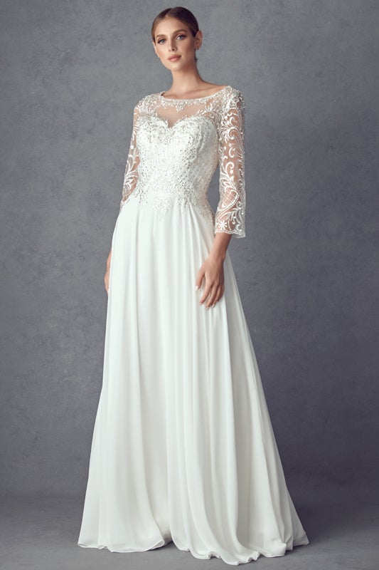 Embroidered 3/4 Sleeve Chiffon Gown by Juliet M11