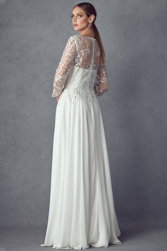 Embroidered 3/4 Sleeve White Gown by Juliet M11-W