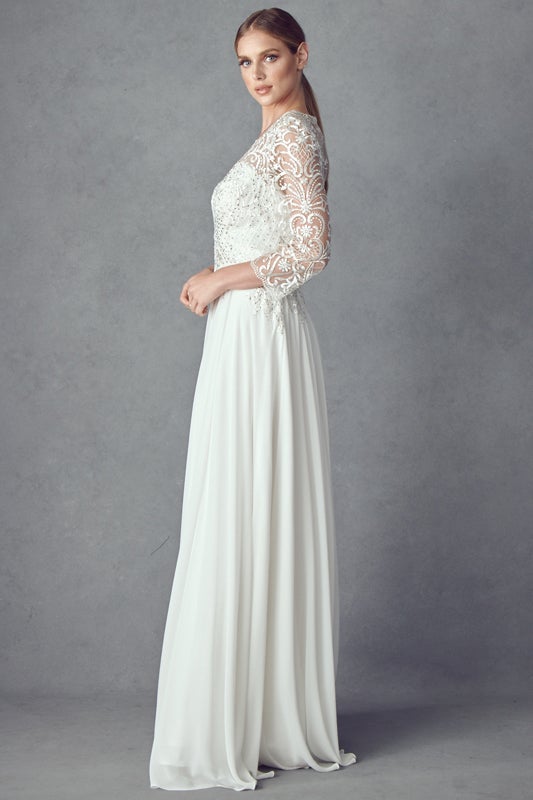 Embroidered 3/4 Sleeve White Gown by Juliet M11-W