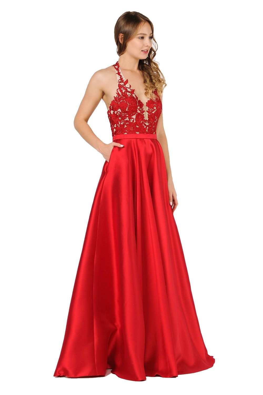 Poly USA 8316 Floral Lace Halter Prom Mikado A-Line Evening Gown - Blue / L Poly USA 8316 Floral Lace Halter Prom Mikado A-Line Evening Gown - Blue / L