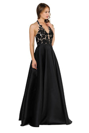 Embroidered Applique Long V-Neck Halter Dress by Poly USA 8316-Long Formal Dresses-ABC Fashion