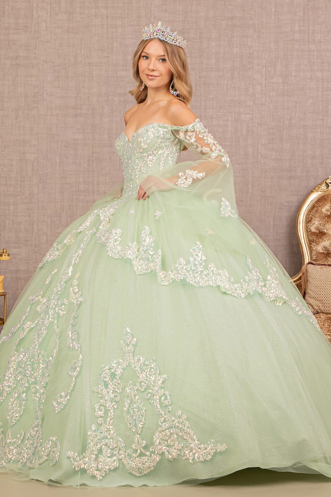 Embroidered Bell Sleeve Ball Gown by Elizabeth K GL3109