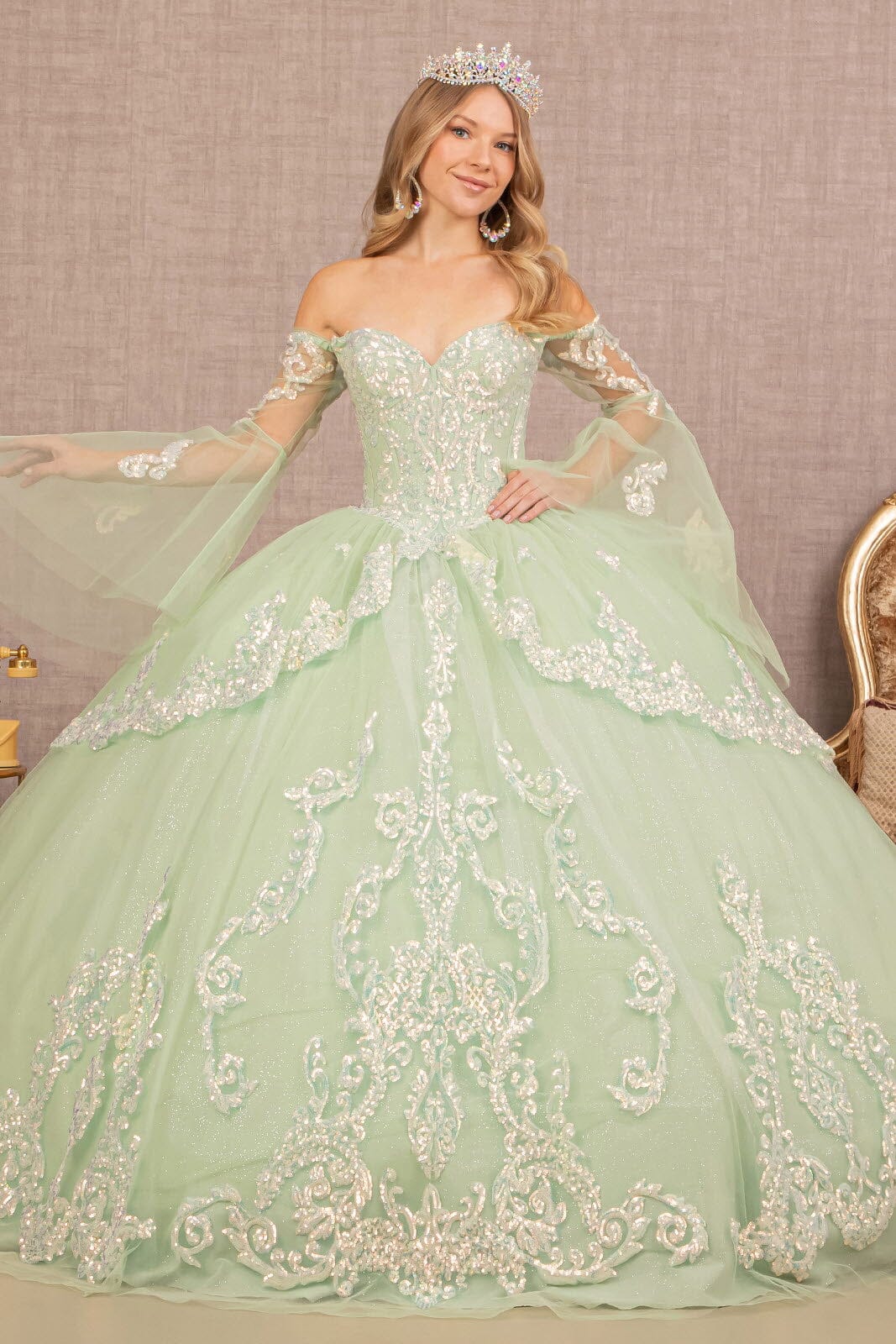 Embroidered Bell Sleeve Ball Gown by Elizabeth K GL3109