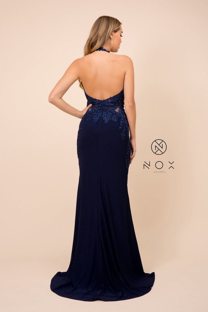 Embroidered Bodice Long High Halter Trumpet Dress by Nox Anabel A175