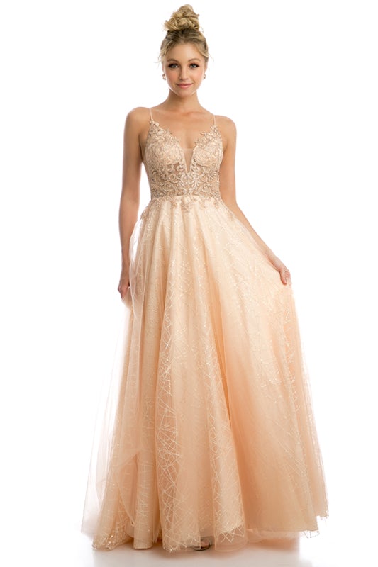 Embroidered Bodice Long Sleeveless Dress by Juliet 689