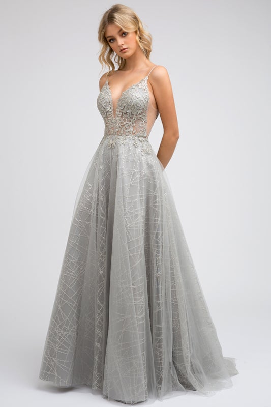 Embroidered Bodice Long Sleeveless Dress by Juliet 689