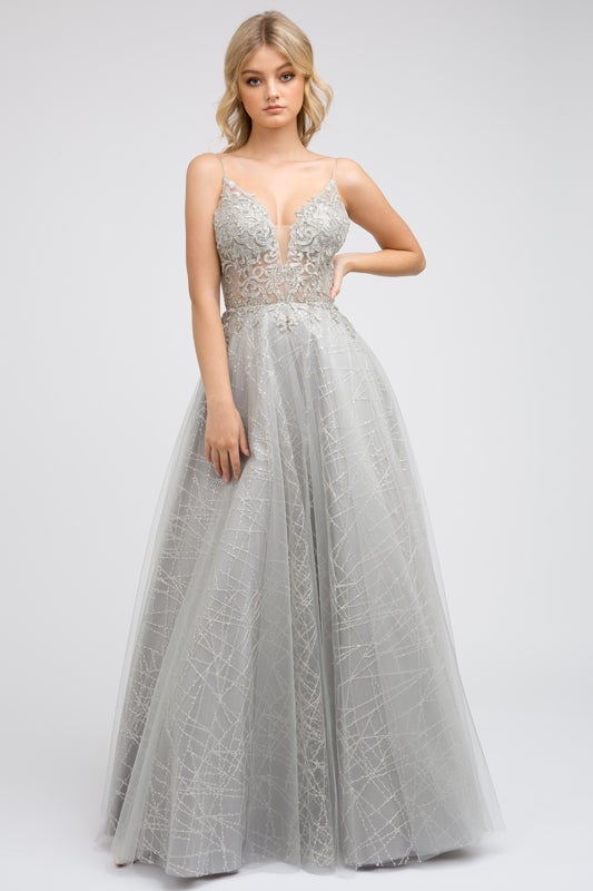 Embroidered Bodice Long Sleeveless Dress by Juliet 689