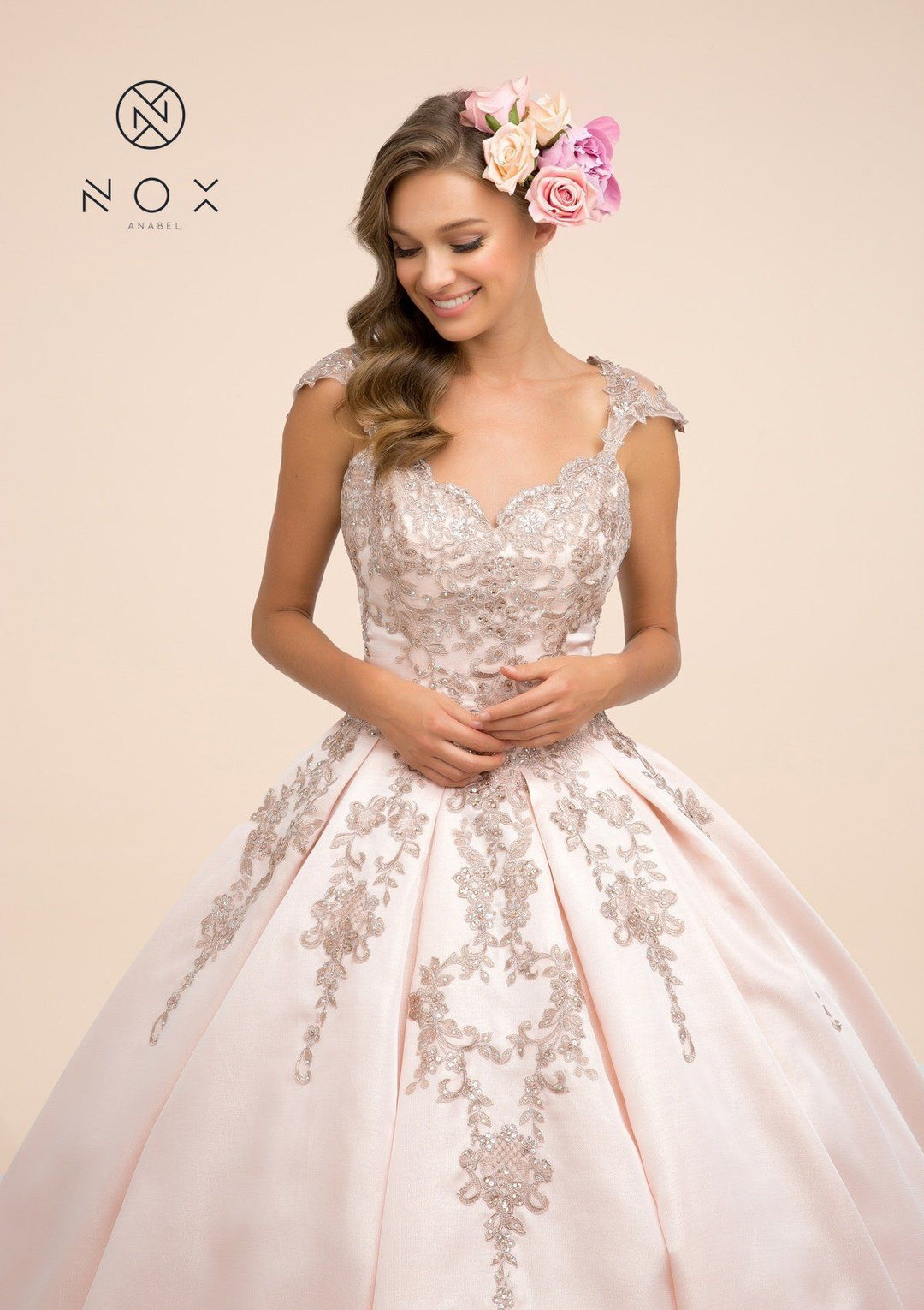 Embroidered Cap Sleeve Ball Gown by Nox Anabel U801