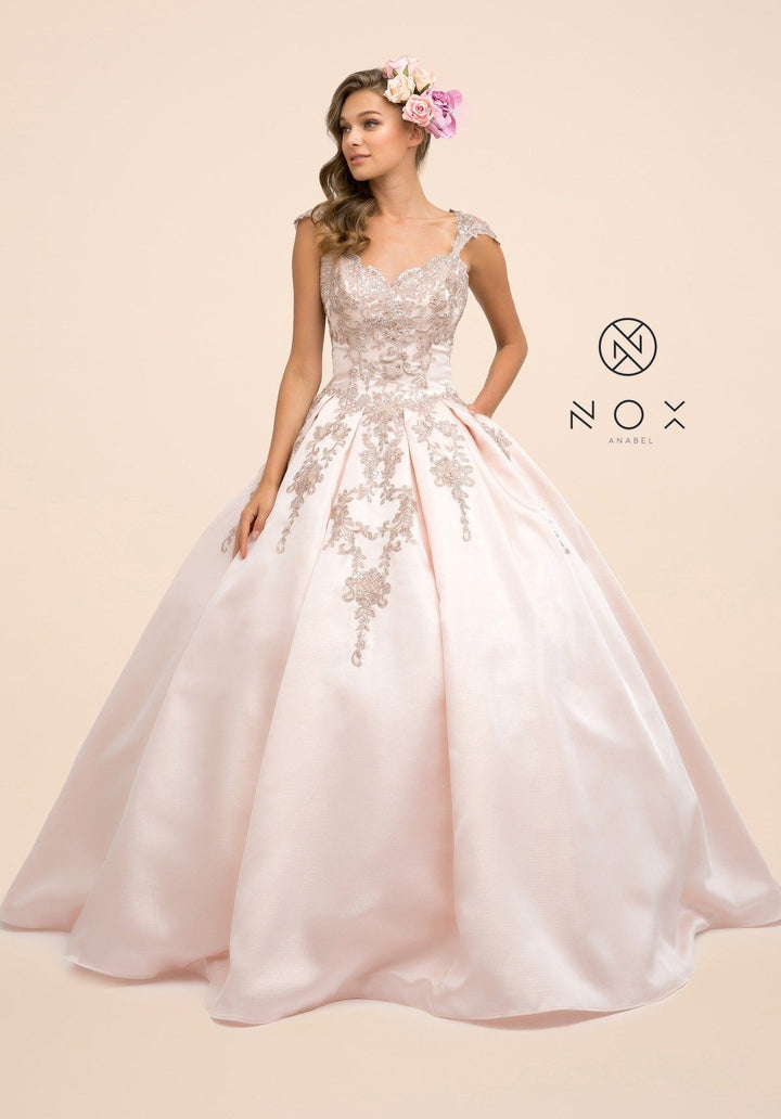 Embroidered Cap Sleeve Ball Gown by Nox Anabel U801