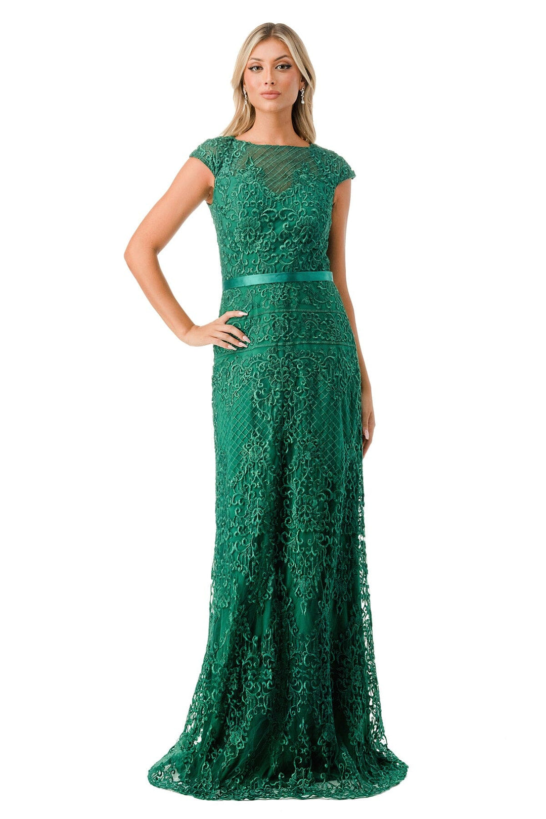 Embroidered Cap Sleeve Column Gown by Coya M2732
