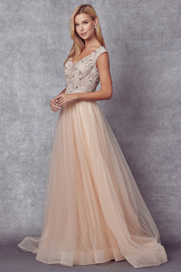 Embroidered Cap Sleeve Tulle Gown by Juliet 684