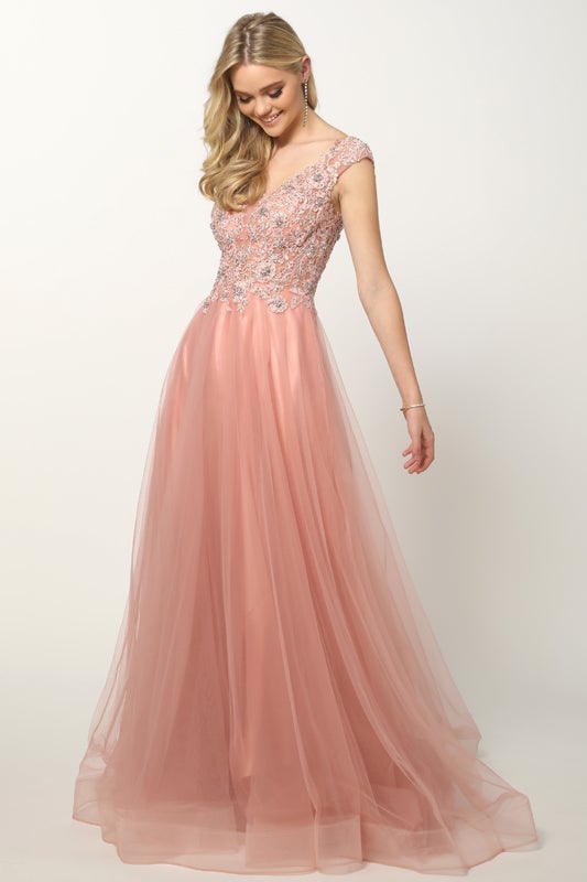 Embroidered Cap Sleeve Tulle Gown by Juliet 684