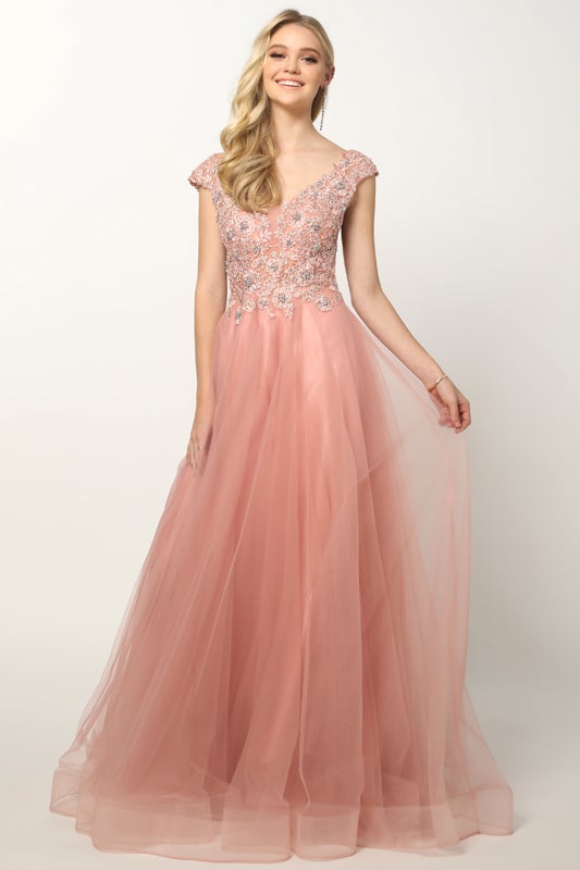 Embroidered Cap Sleeve Tulle Gown by Juliet 684