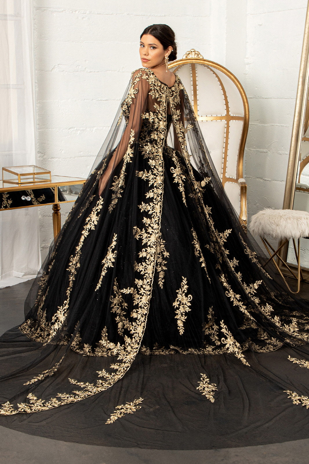 Embroidered Cape Ball Gown by Elizabeth K GL3016 XS / Black