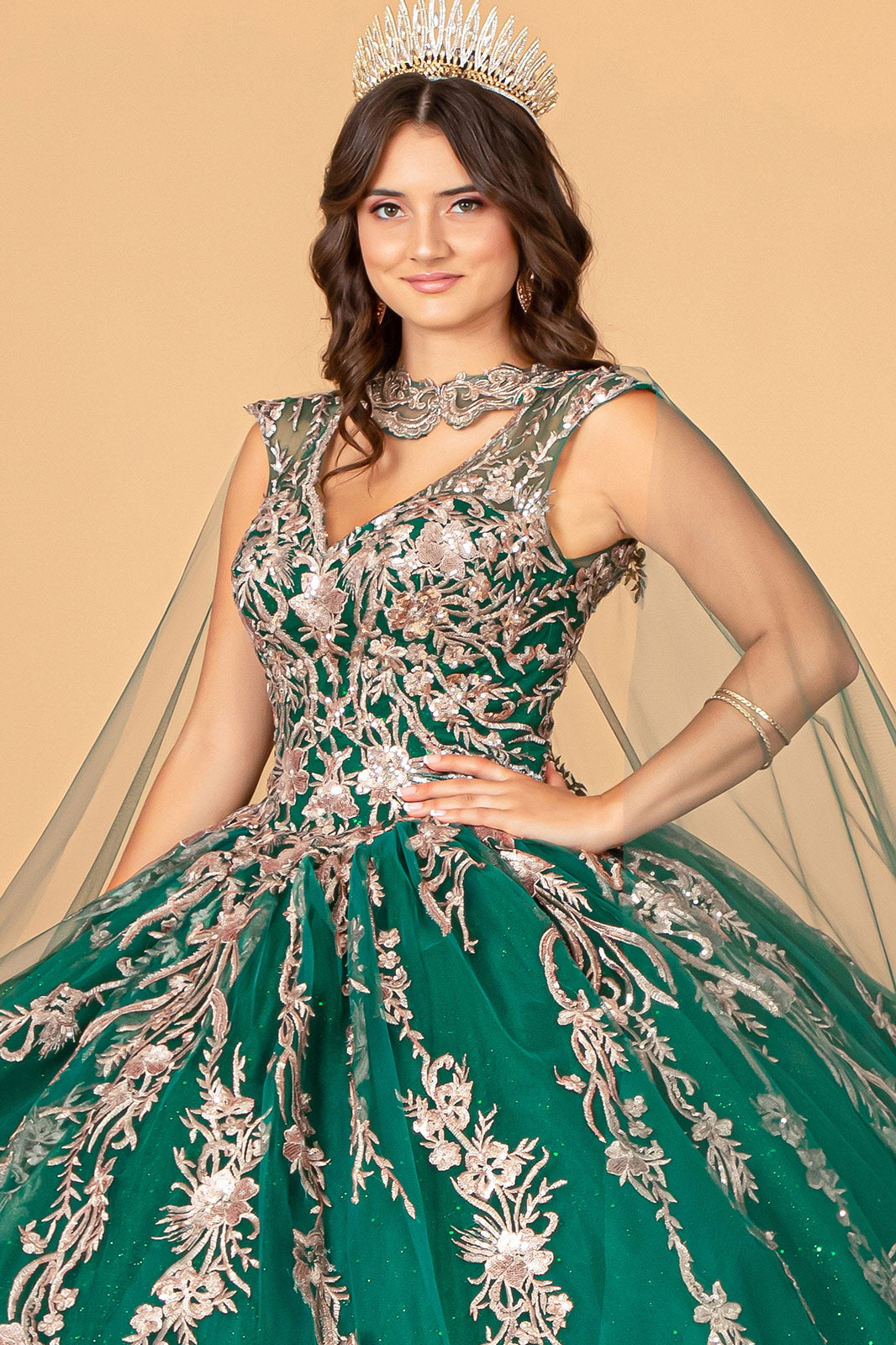 Embroidered Cape Ball Gown by Elizabeth K GL3076