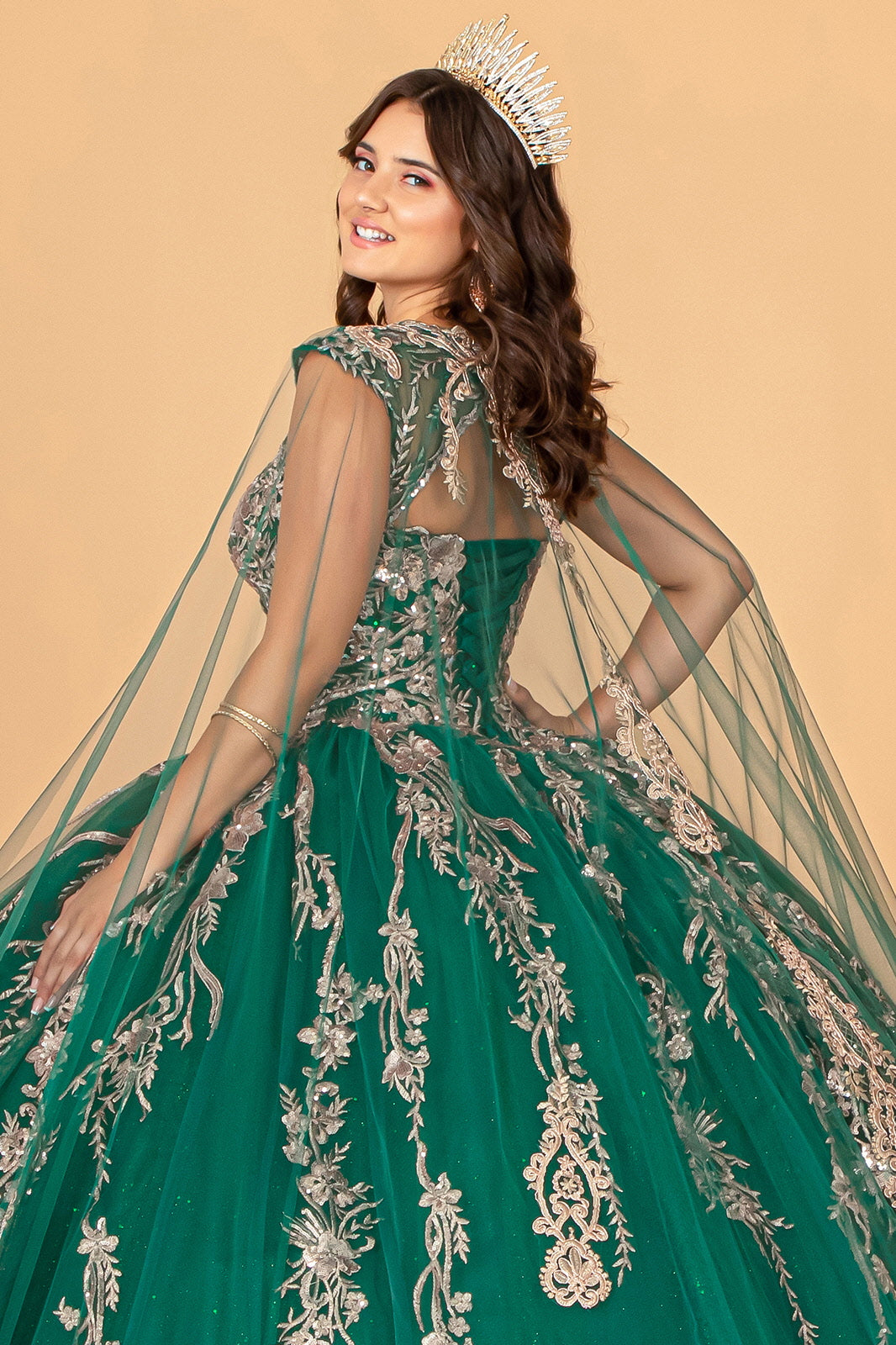 Embroidered Cape Ball Gown by Elizabeth K GL3076