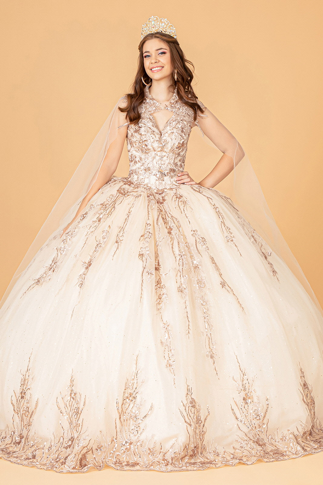Elizabeth K GL3076 Embroidered Cape Ball Gown Formal Dress Shops S / Champagne