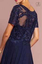 Embroidered Chiffon Gown with Short Sleeves by Elizabeth K GL2683-Long Formal Dresses-ABC Fashion