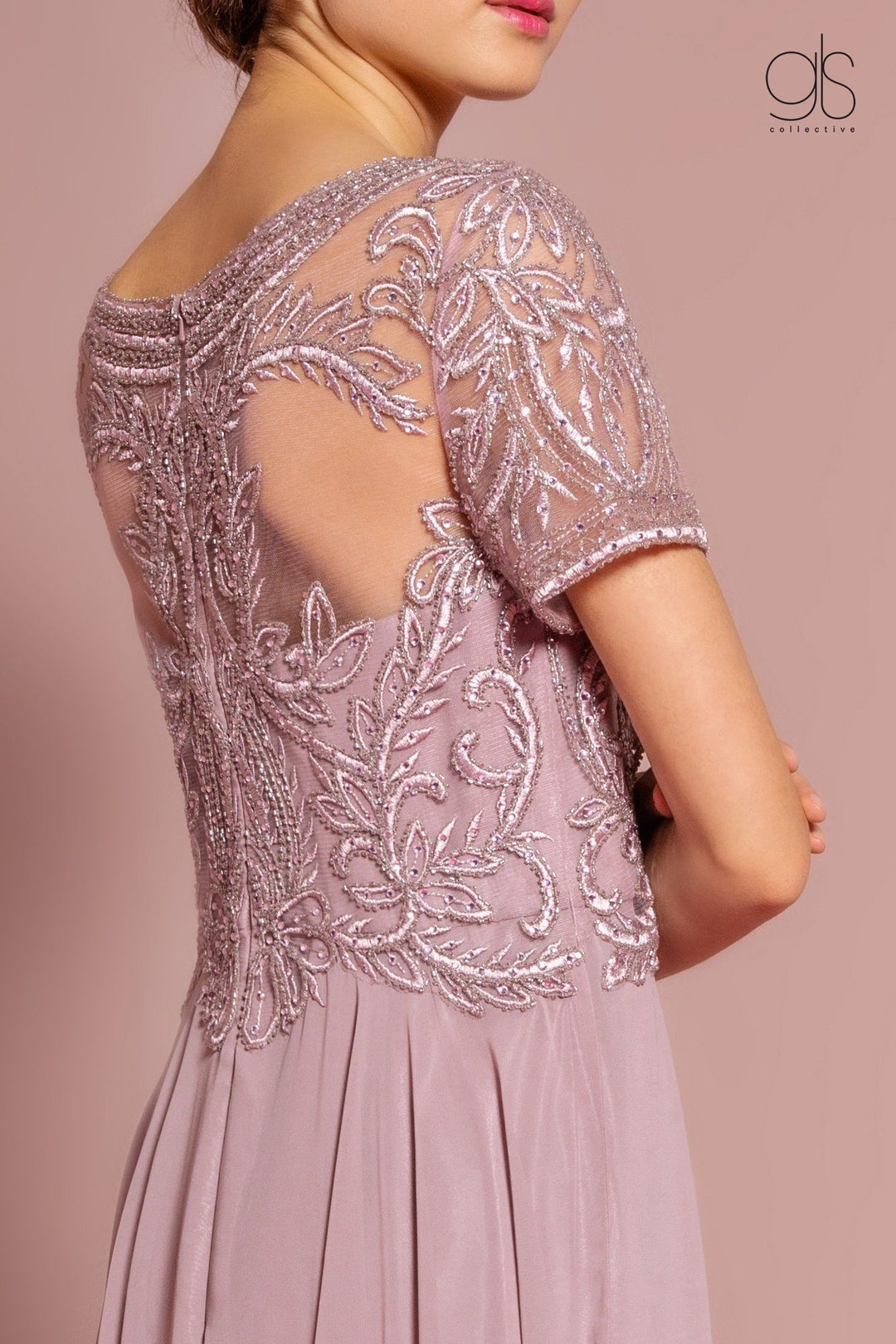 Embroidered Chiffon Gown with Short Sleeves by Elizabeth K GL2683-Long Formal Dresses-ABC Fashion