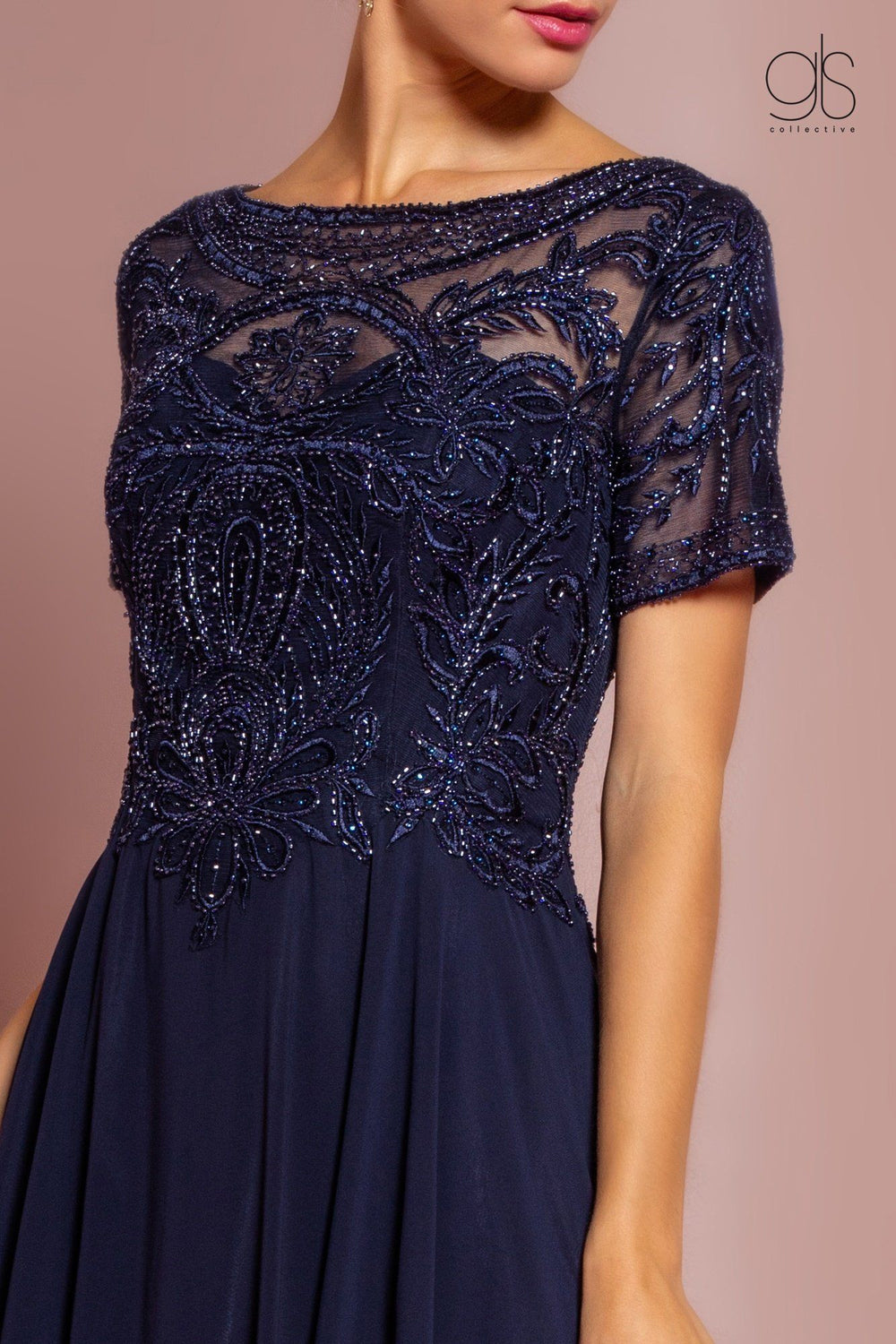 Embroidered Chiffon Gown with Short Sleeves by Elizabeth K GL2683-Long Formal Dresses-ABC Fashion