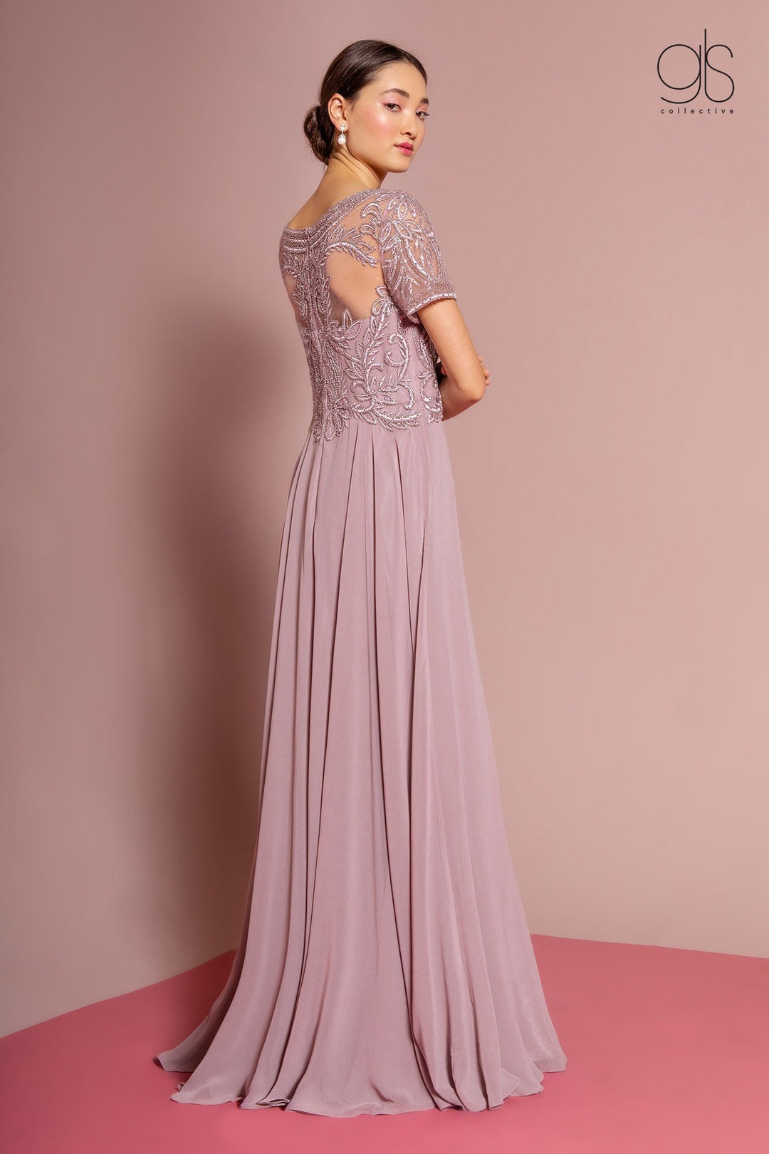 Embroidered Chiffon Gown with Short Sleeves by Elizabeth K GL2683-Long Formal Dresses-ABC Fashion