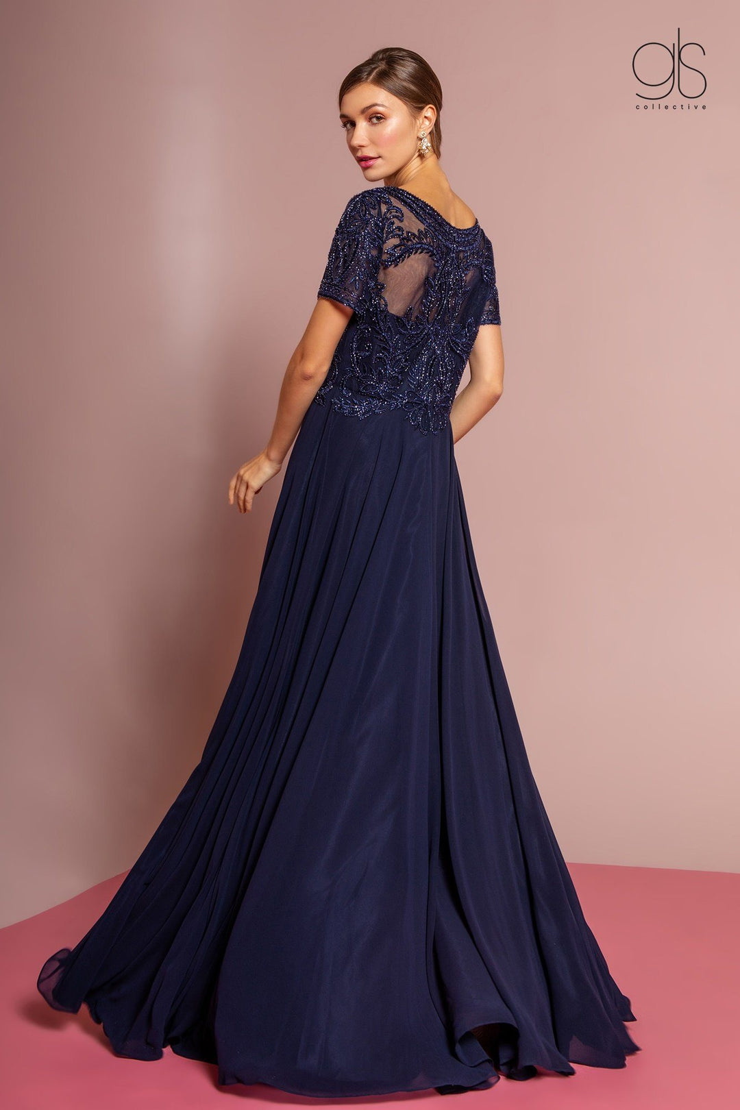 Embroidered Chiffon Gown with Short Sleeves by Elizabeth K GL2683-Long Formal Dresses-ABC Fashion