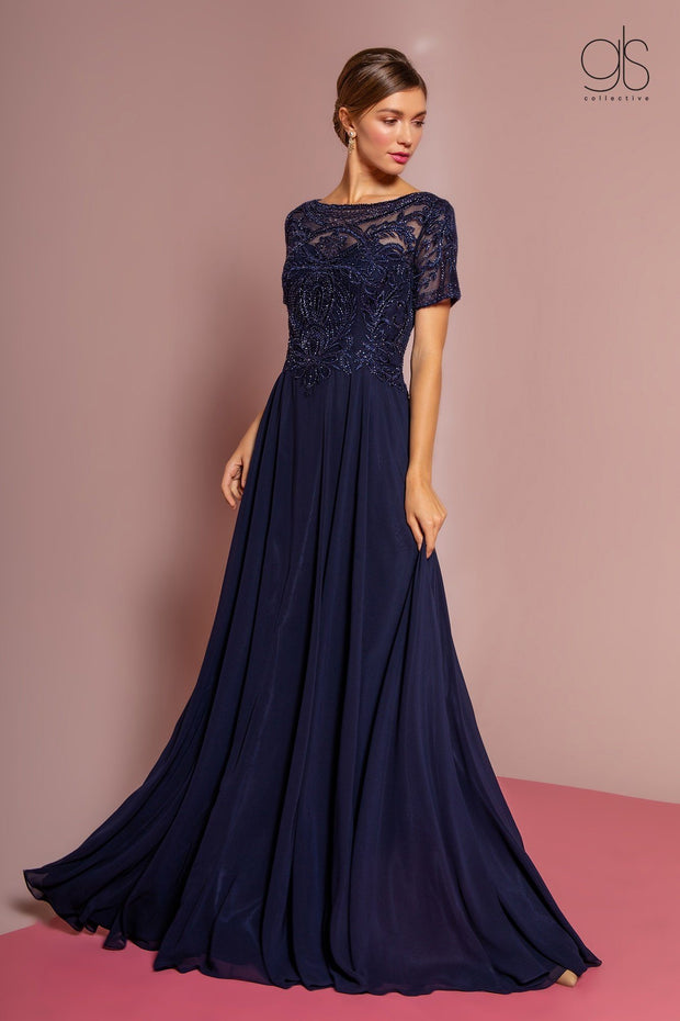Embroidered Chiffon Gown with Short Sleeves by Elizabeth K GL2683-Long Formal Dresses-ABC Fashion