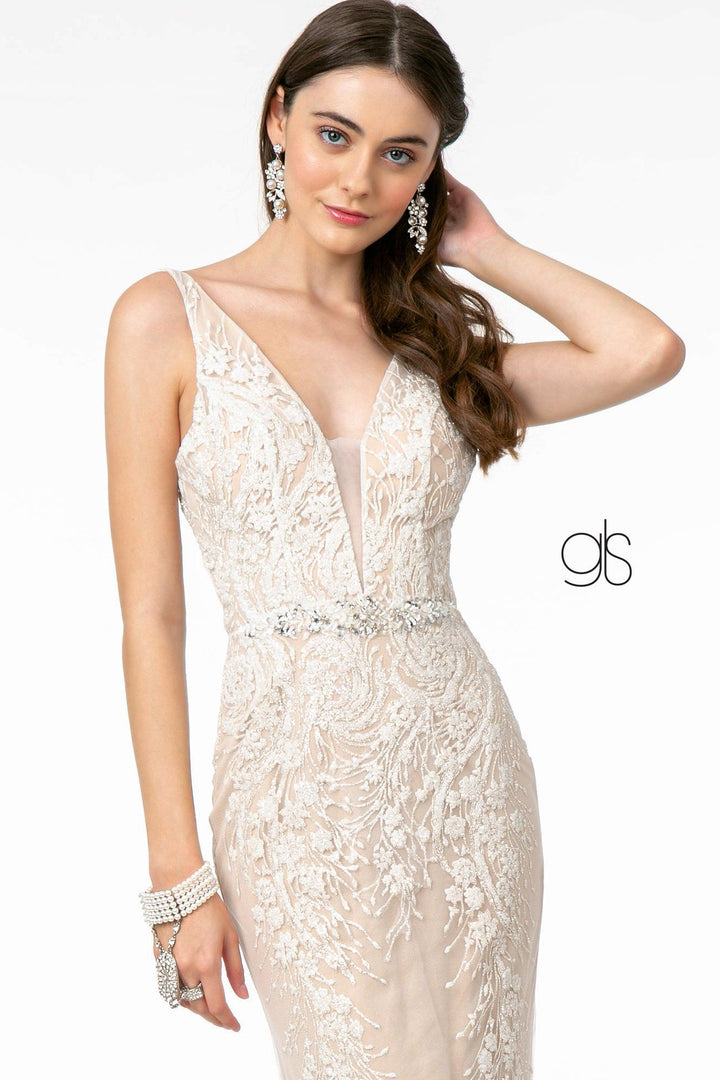 Embroidered Deep V-Neck Trumpet Dress by Elizabeth K GL2985