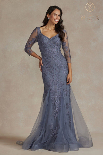 Embroidered Fitted Mid-Sleeve Gown by Nox Anabel JQ504