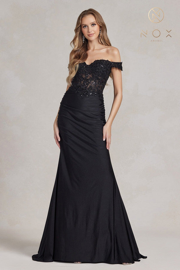 Embroidered Fitted Off Shoulder Gown by Nox Anabel E1184