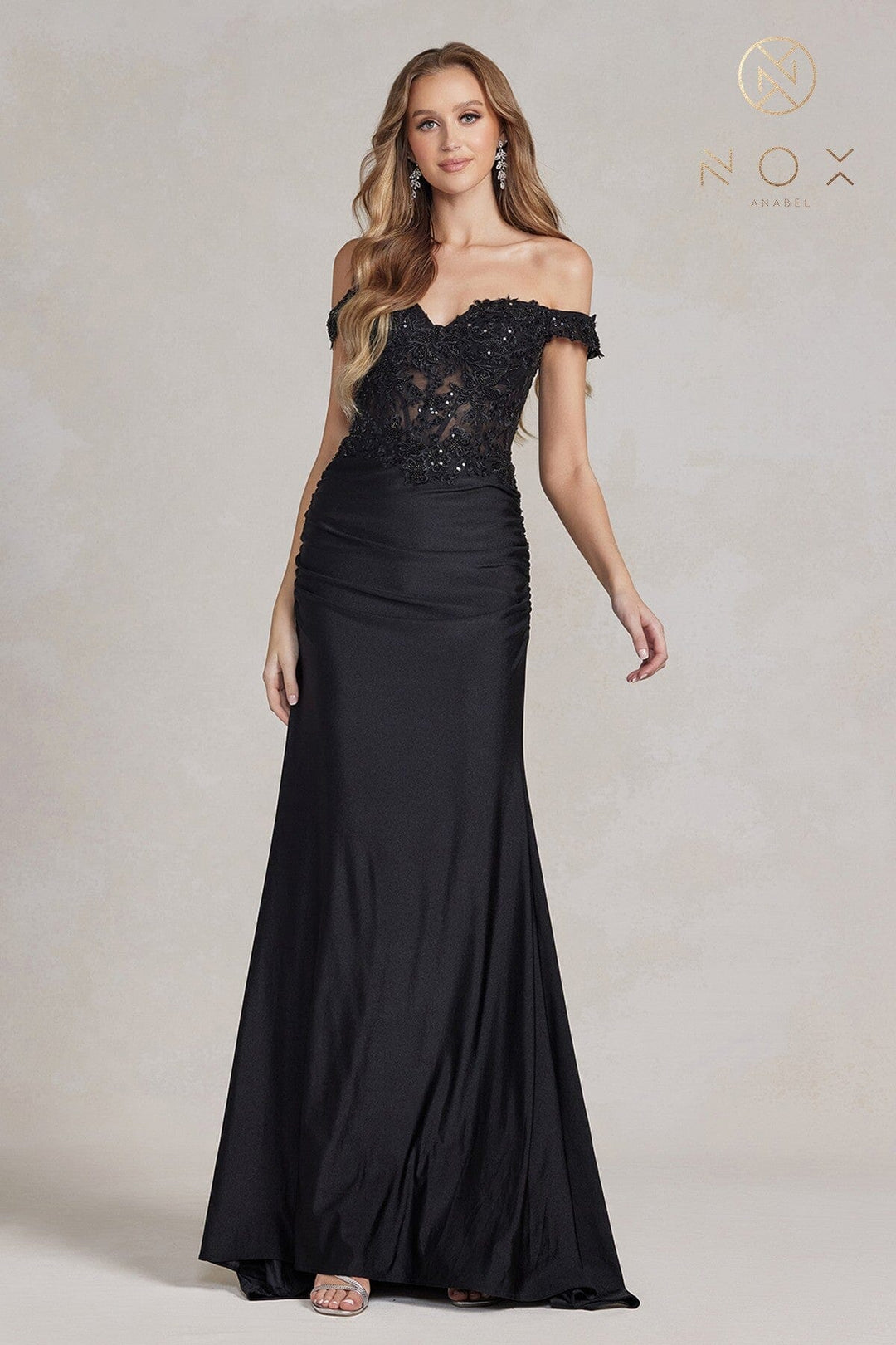 Embroidered Fitted Off Shoulder Gown by Nox Anabel E1184