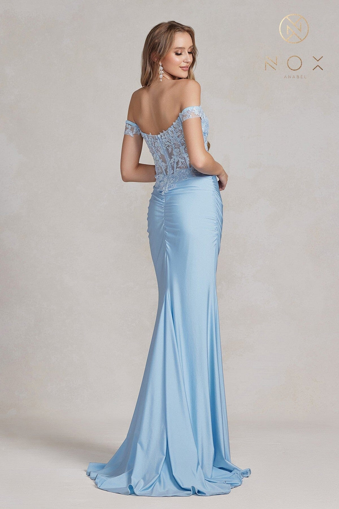 Embroidered Fitted Off Shoulder Gown by Nox Anabel E1184