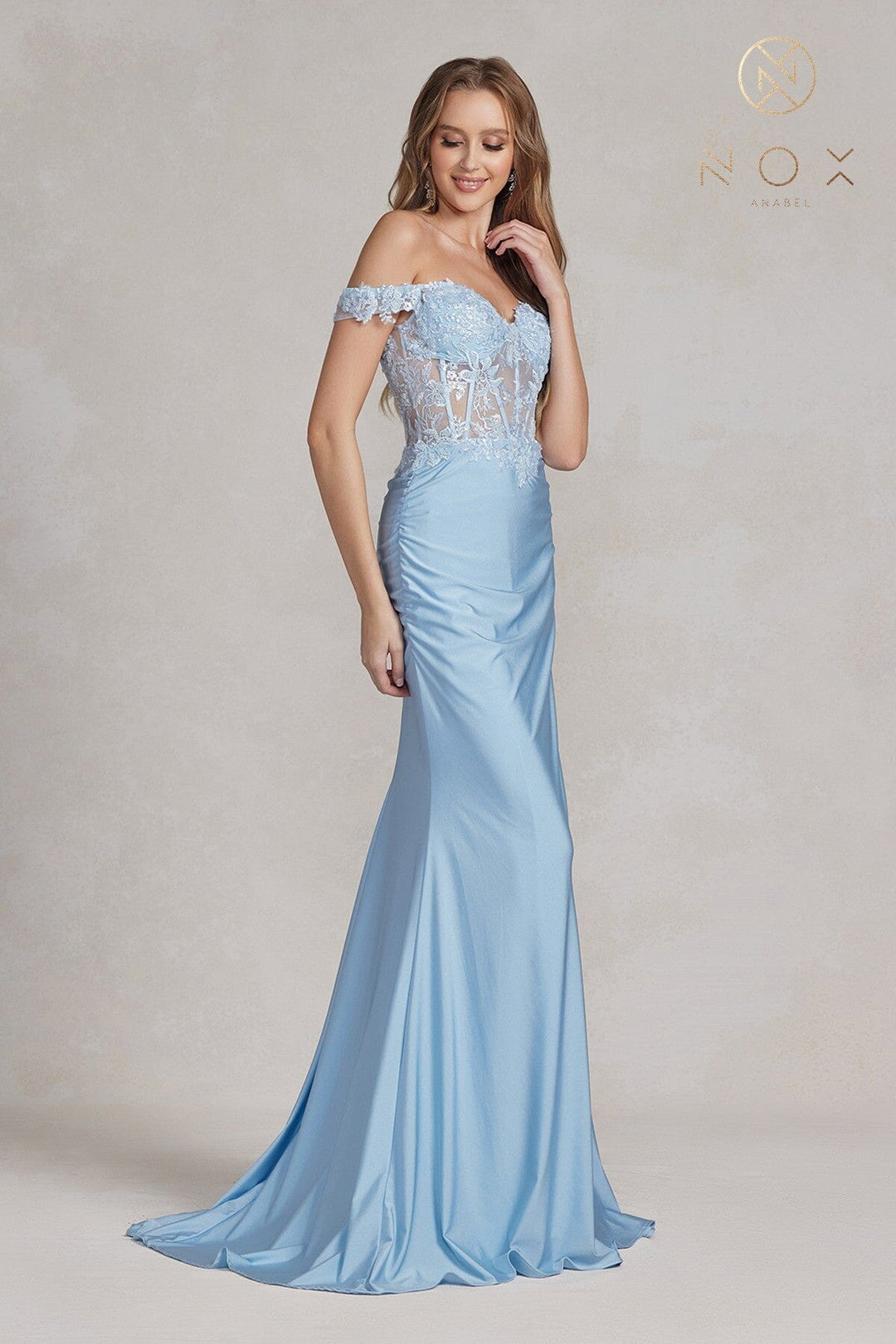Embroidered Fitted Off Shoulder Gown by Nox Anabel E1184