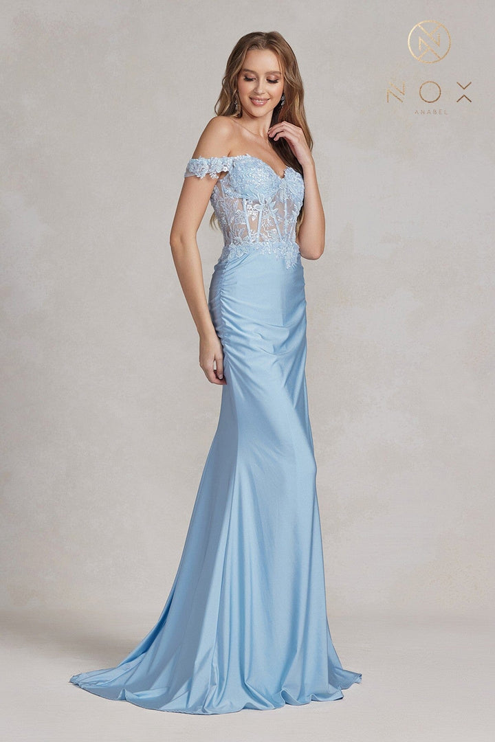 Embroidered Fitted Off Shoulder Gown by Nox Anabel E1184