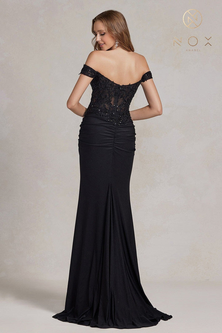 Embroidered Fitted Off Shoulder Gown by Nox Anabel E1184