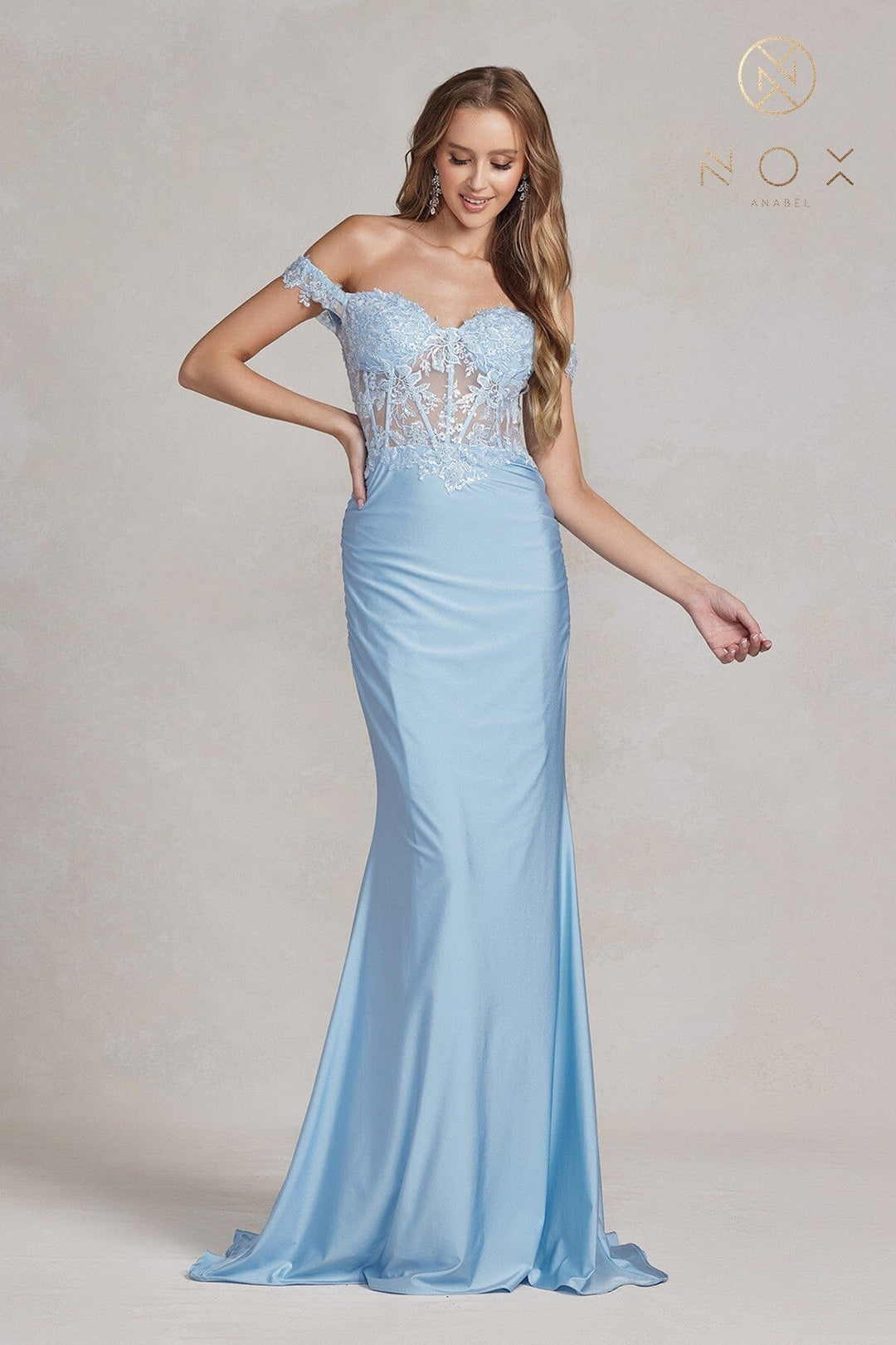 Embroidered Fitted Off Shoulder Gown by Nox Anabel E1184
