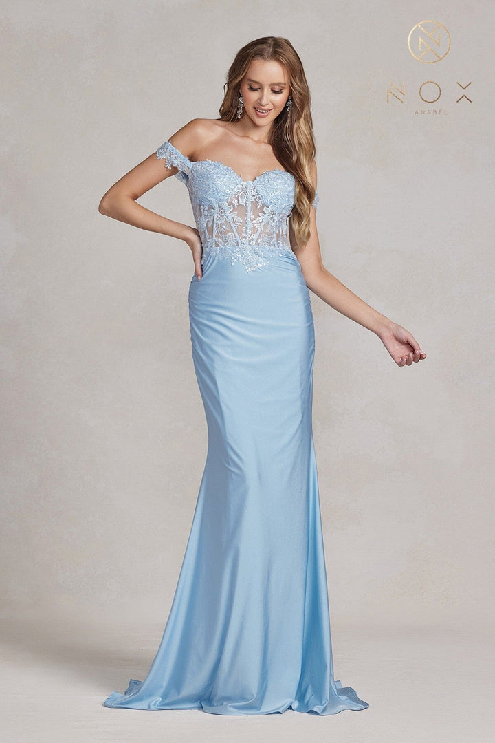 Embroidered Fitted Off Shoulder Gown by Nox Anabel E1184