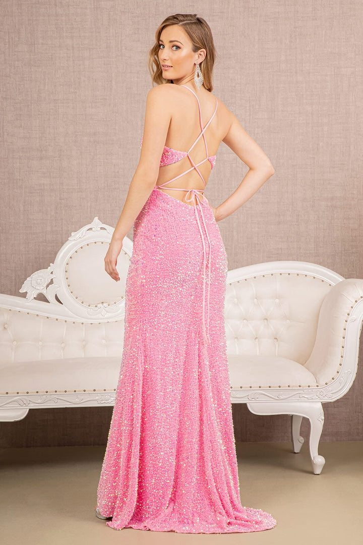 Embroidered Fitted Sequin Slit Gown by Elizabeth K GL3142